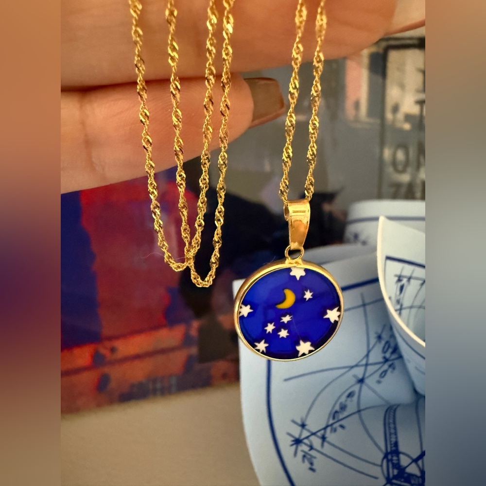 Murano Glass 14K Yellow Gold Pendant and Chain Moon & Stars Pattern